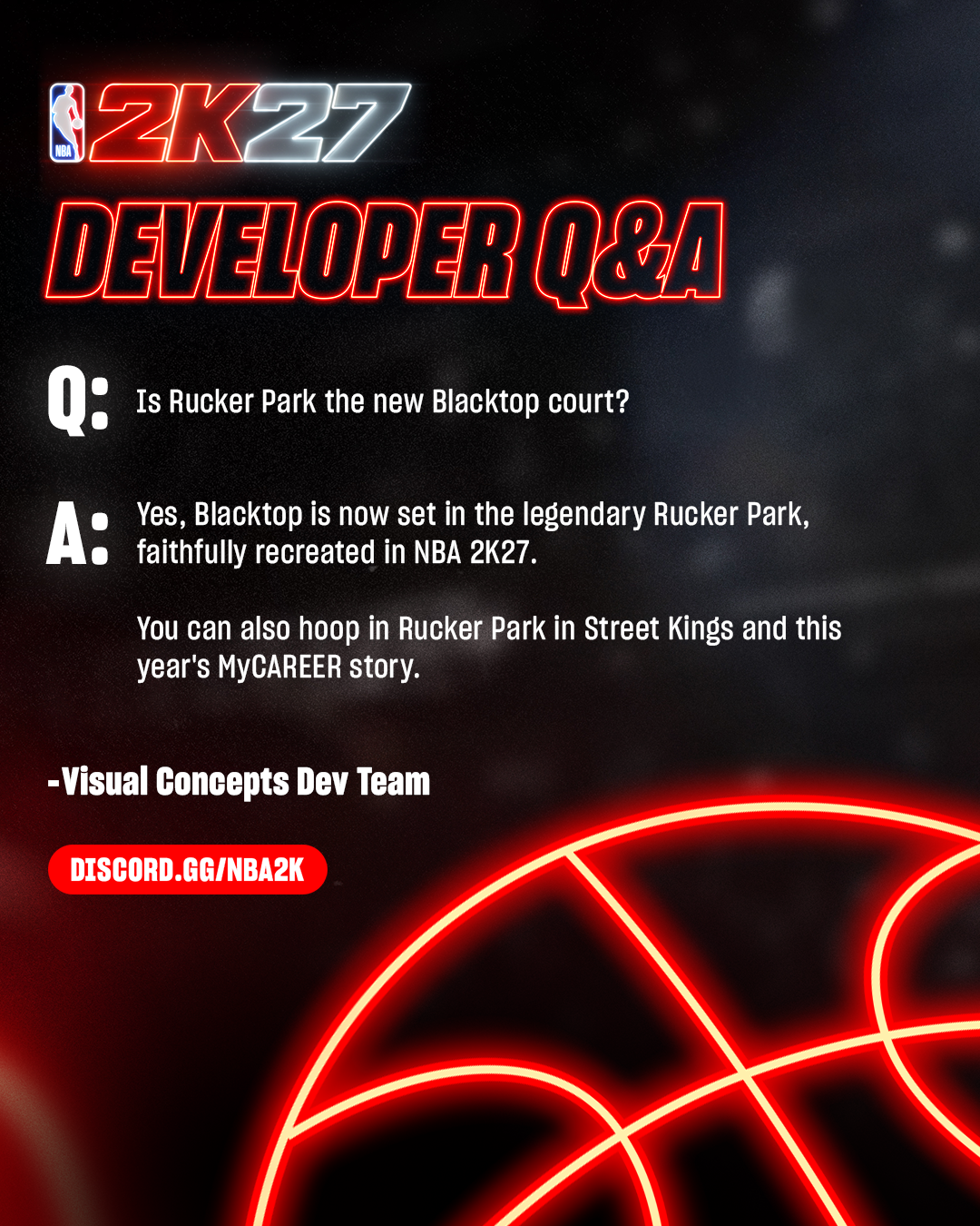 NBA 2K27 Developer Q&A graphic confirming Blacktop is now set in Rucker Park