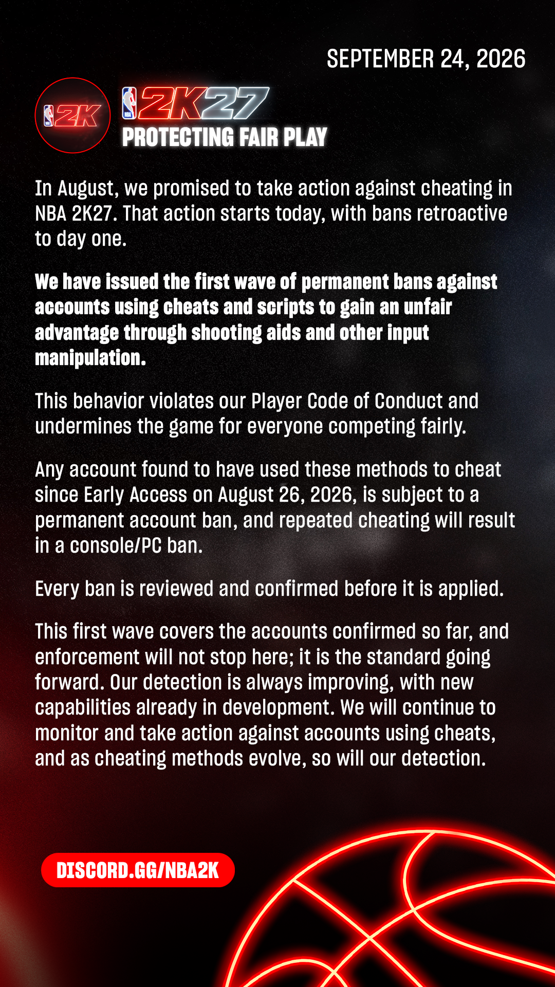 Official NBA 2K27 Protecting Fair Play graphic dated September 24, 2026