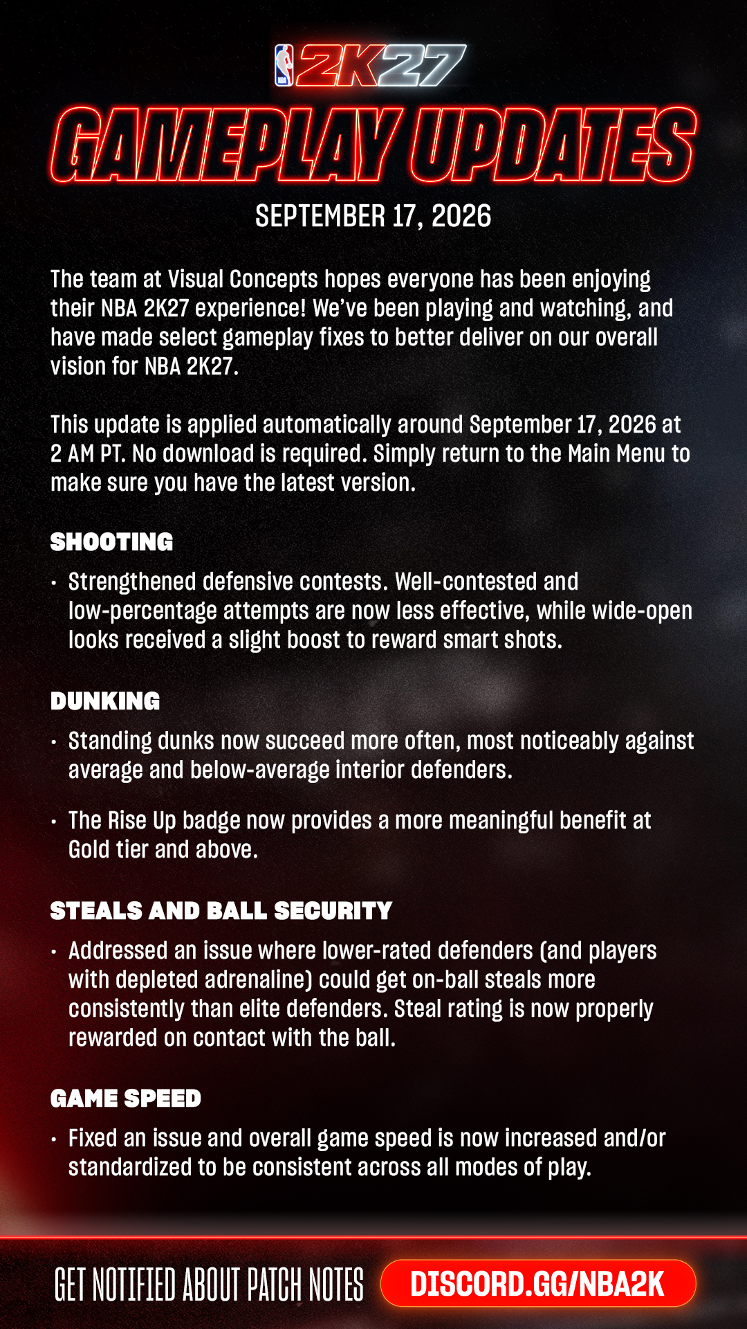 Official NBA 2K27 Gameplay Updates graphic dated September 17, 2026