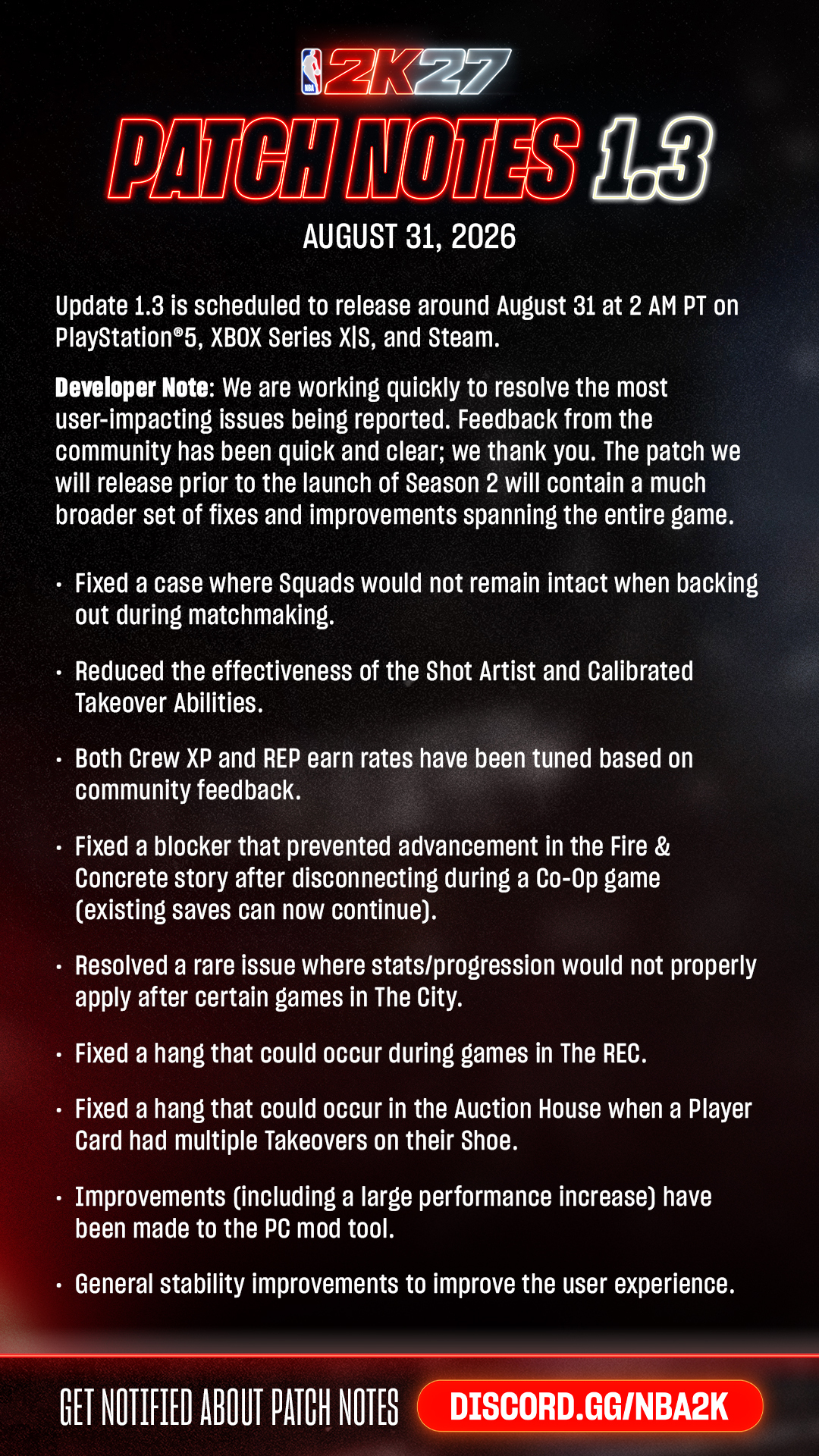 Official NBA 2K27 Patch Notes 1.3 graphic dated August 31, 2026