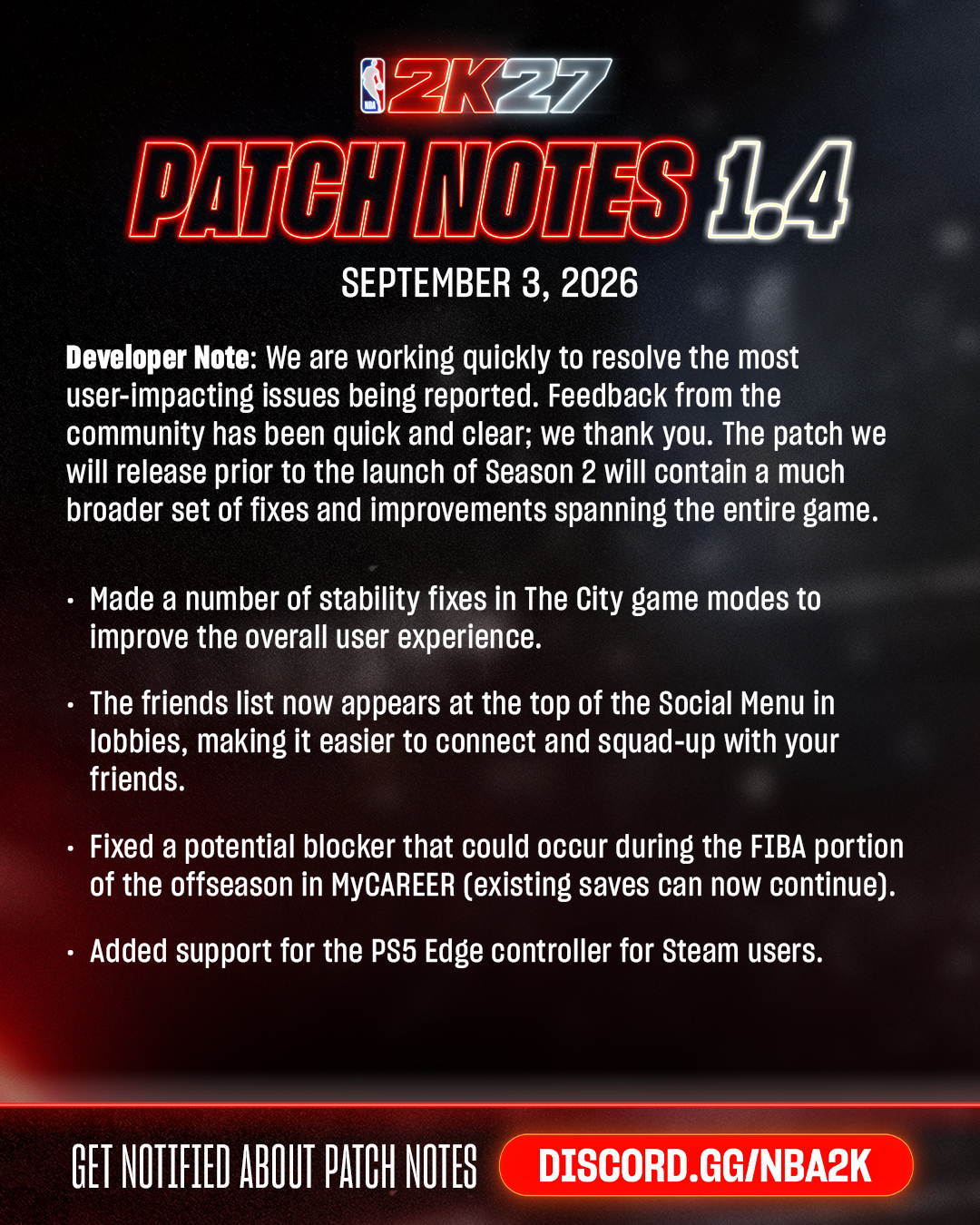 Official NBA 2K27 Patch Notes 1.4 graphic dated September 3, 2026
