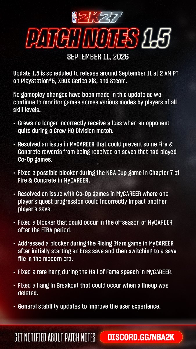 Official NBA 2K27 Patch Notes 1.5 graphic dated September 11, 2026